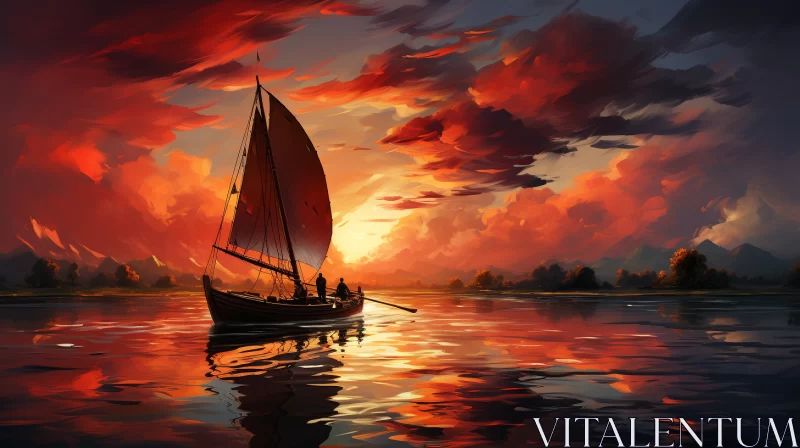 Lone Red Sailboat under Vivid Sunset: An African-Indian Art Fusion AI Image