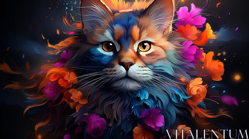 Low Poly Digital Art of Floral Cat with Neon Elements AI Image