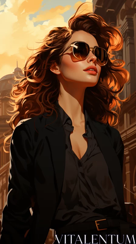Woman in Sunglasses: A Digital Painting in Cityscape Setting AI Image