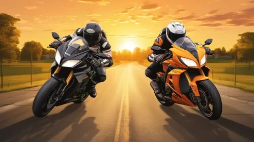 3D UHD 8K Image of Motorcycle Racers on Highway at Sunset AI Image