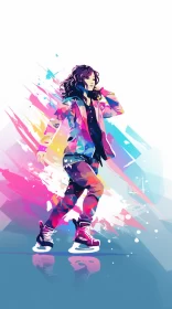 Androgynous Skateboarding Scene in Vibrant Manga Hues with Dynamic Dancers AI Image