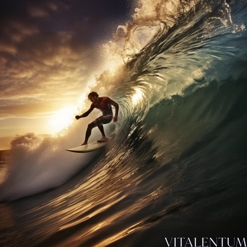 AI ART Electrifying Image of Surfer Riding a Massive Wave at Sunrise, Capturing Bravery and Raw Nature's Po