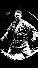 Graphic Novel Style Tattooed Karate Enthusiast in Black and White AI Image