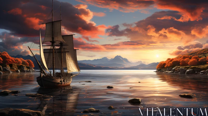 Historic Sailing Ship on Calm Sea at Sunset AI Image