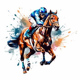 Modern Ink Painting of Jockey & Black Horse in Mid-Race AI Image