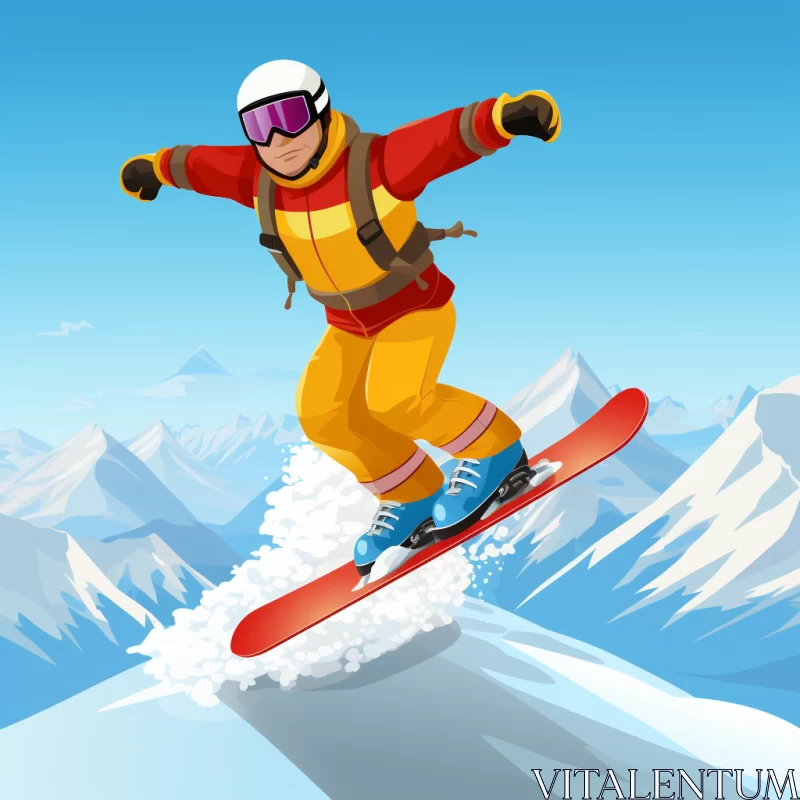 Daring Snowboarding Jump in Vibrant Mountainous Vista AI Image