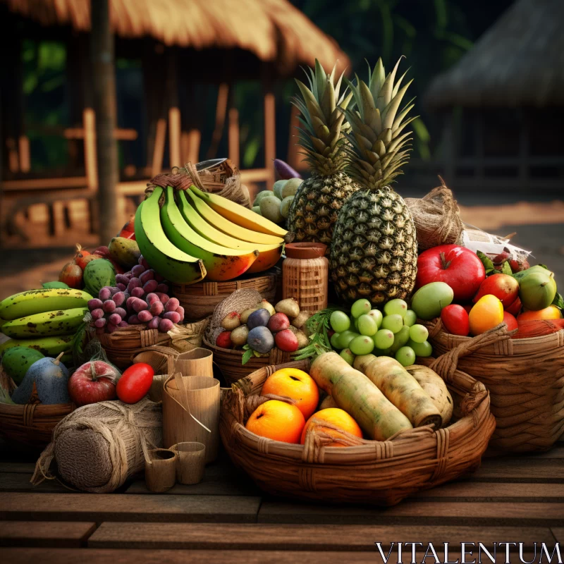 Exquisite Fruit Assortment in Wooden Baskets: A Maya Render Masterpiece AI Image
