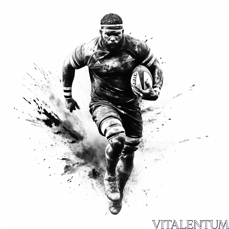 Monochrome Rugby Match Image: Dynamic Player Highlight, Textured Splashes Background AI Image