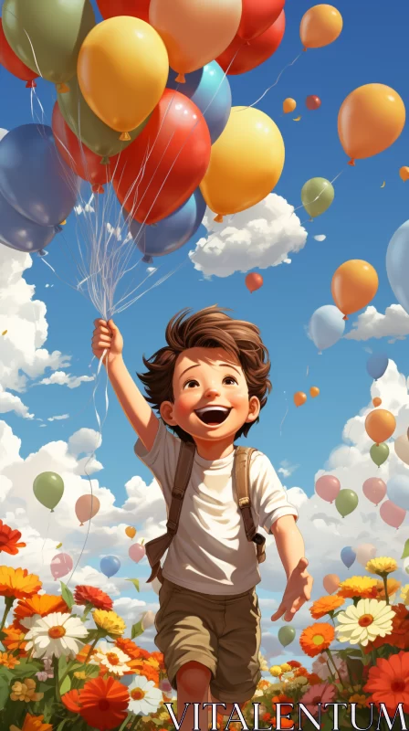 Joyful Boy's Adventure with Balloons - A Colorful Digital Painting AI Image
