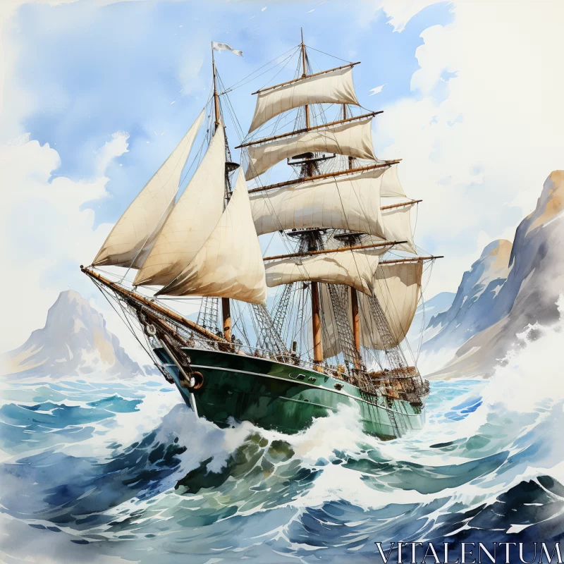 Majestic Sailing Ship in Stormy Ocean Watercolor Artwork AI Image