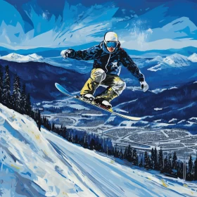 Vibrant Artistic Painting of Snowboarder Mid-Flight in Mountainous Scenery AI Image