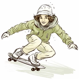 Youthful Skateboarding Protagonist in Snowy Manga Sketch with Vintage Vibe AI Image