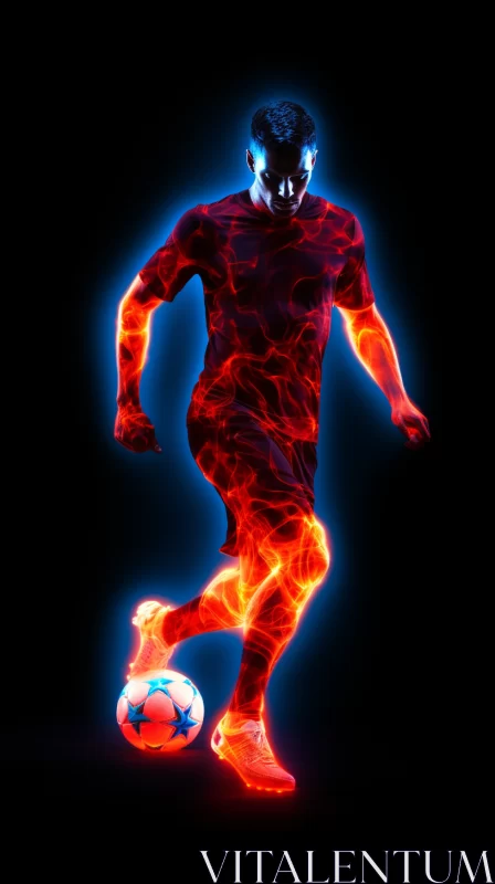 3D Luminous Soccer Player in Flames - Fluorescent Colors, 8K, Dark Azure, Crimson, Orange, Red, Supe AI Image