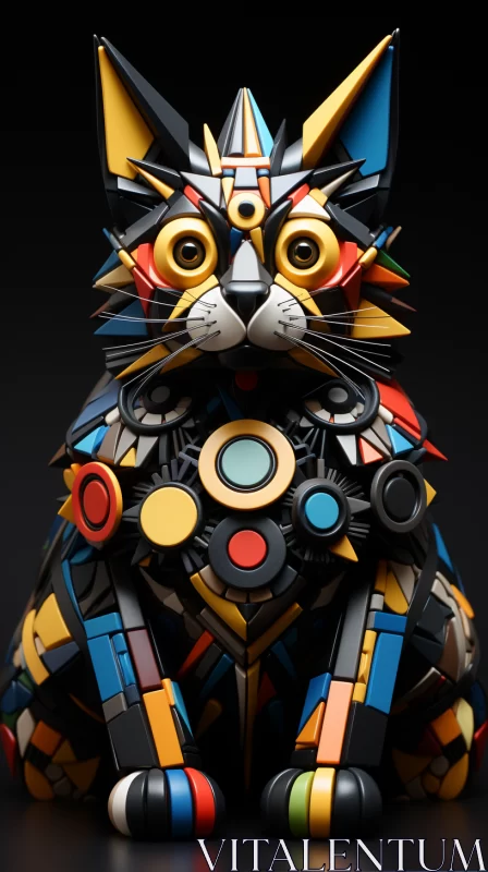 Abstract Multicolored Cat Sculpture Crafted from Recycled Paper and Embellished with Buttons AI Image