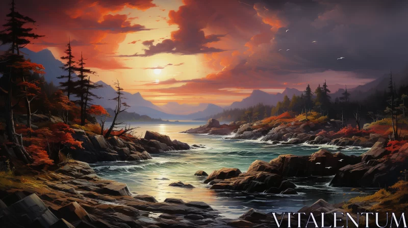 Breathtaking Rural Sunset, Mountain Cliff & Waterfall Art AI Image