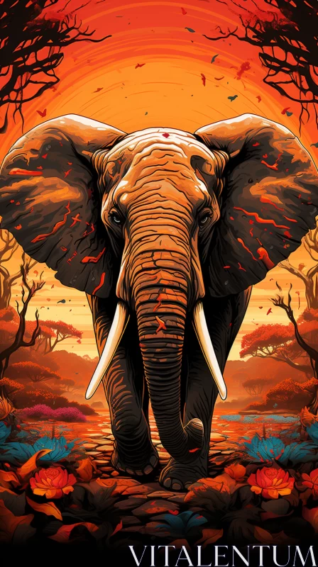 Colorful Elephant Illustration in a Desert Setting AI Image