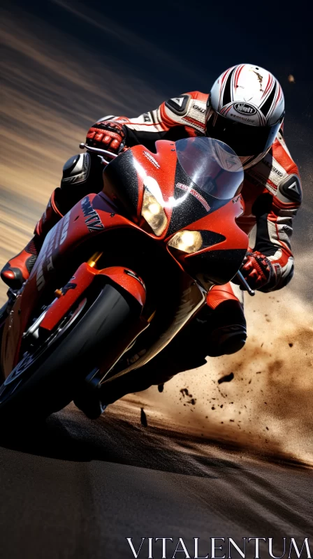 High-Resolution Hyperrealistic Image of Man Racing on Red Motorcycle AI Image