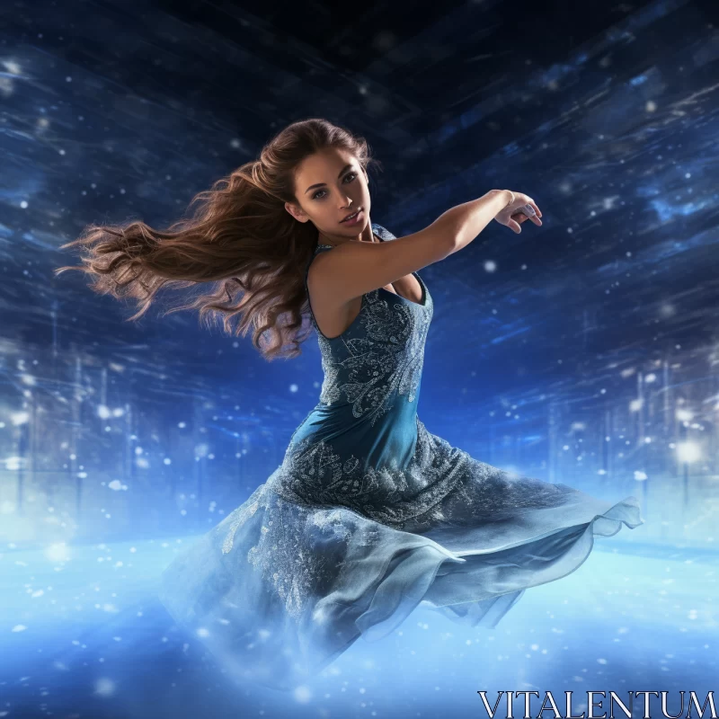 AI ART Mid-Dance Diva in Swirling Blue Dress under Dramatic Lighting