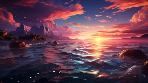 Sunrise Over Ocean with Crimson and Azure Sky AI Image