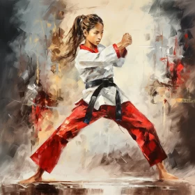 Dynamic Oil Painting of Determined Karate Girl in Red and White AI Image