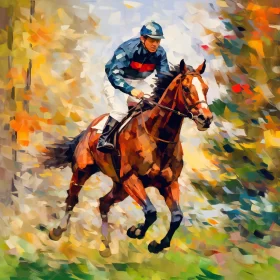 Impressionistic Oil Painting of Jockey Racing in English Countryside AI Image