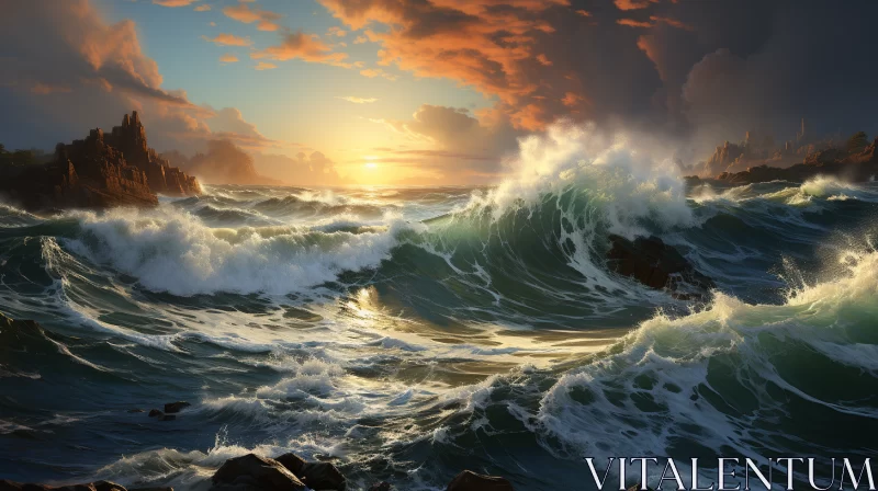 Contest-Winning Photorealistic Sea Painting with Powerful Waves and Mountains AI Image