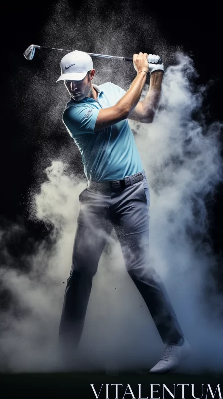 Dramatic Golf Swing Captured in Indigo Smoke with Provia AI Image