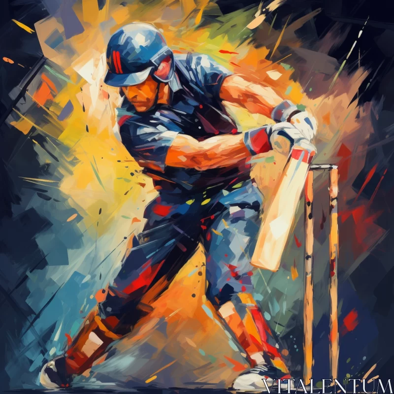 Dynamic Cricket Game Captured in Color-Saturated Abstract Painting AI Image
