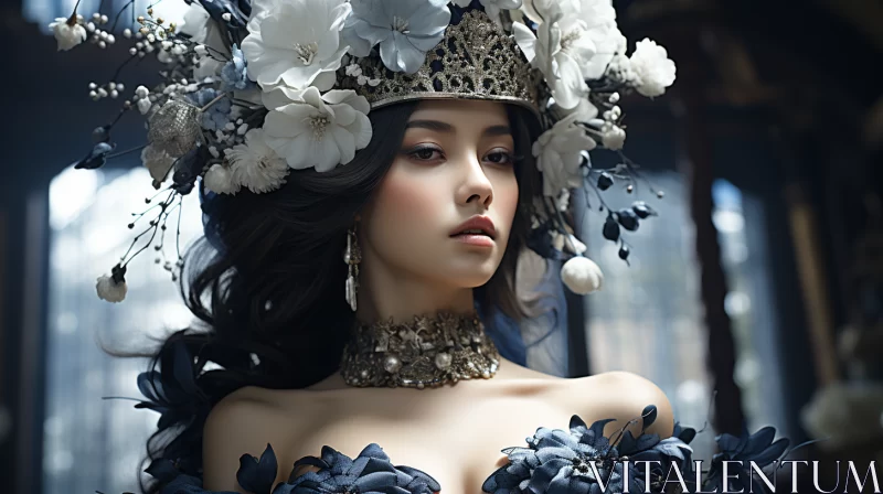 Elegant Woman in Japonism-Baroque Style Blue Dress AI Image