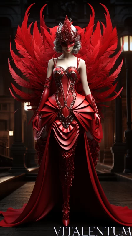 Gothic Grandeur: Woman in Red Costume with Feather Details AI Image