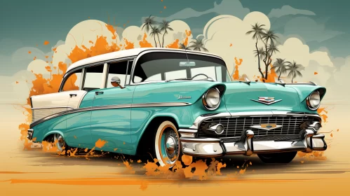 Intriguing Retro Car Illustration with a Colorful Backdrop - AI Art images AI Image