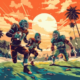 Tropical Football Scene in Pop-Art Style with Sunset Sky AI Image