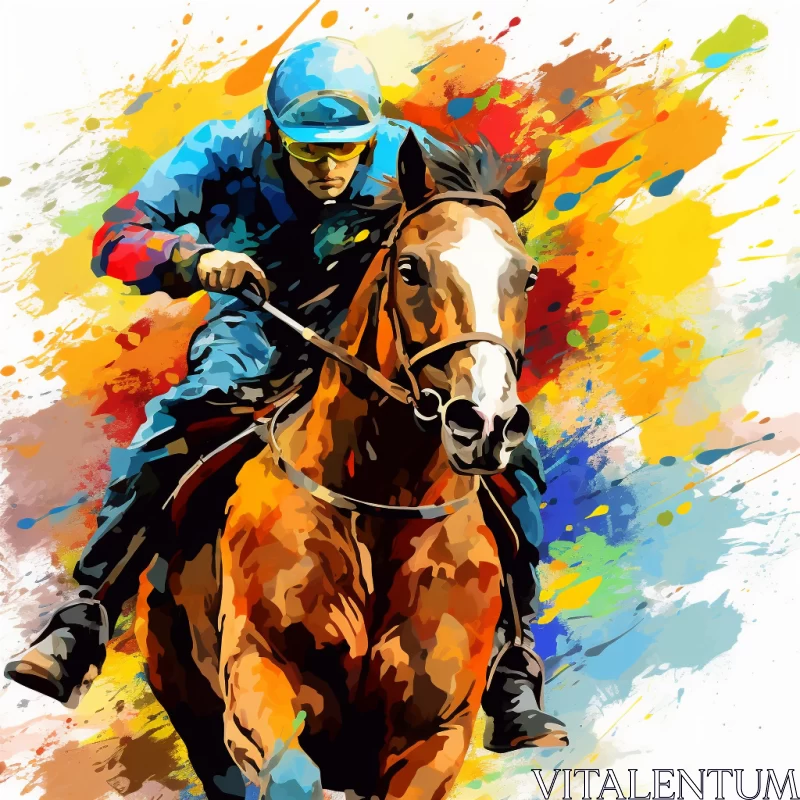 Vibrant Action Painting of Jockey on Horse in Realism & Abstract Styles AI Image
