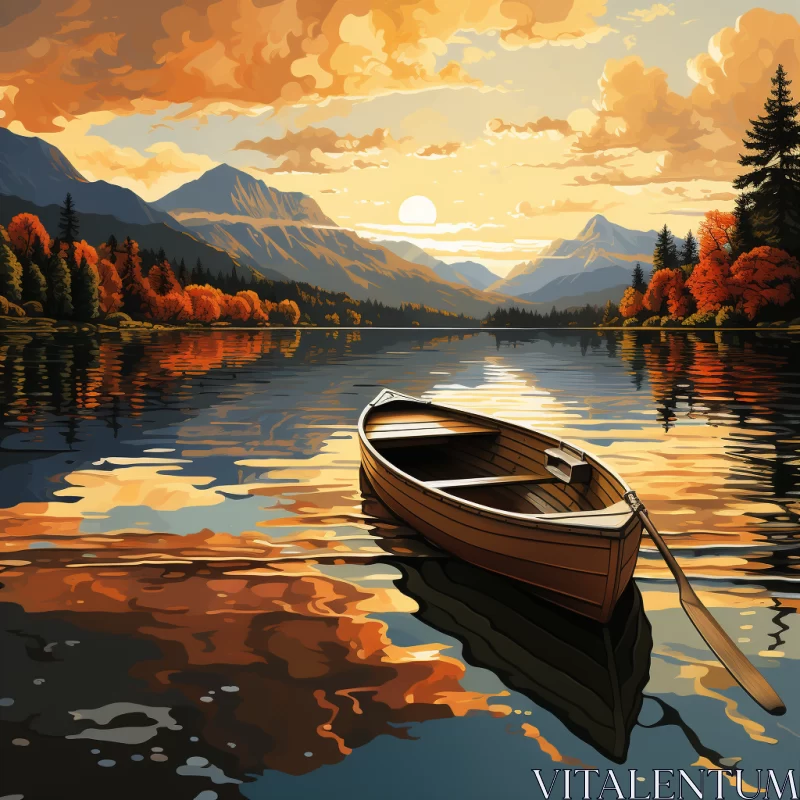 Wooden Boat on Lake Amid Art Nouveau Scenery with Drip Painted Landscape AI Image