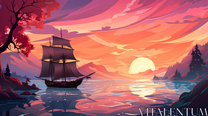 Ancient Boat Sailing Under Gradient Sunset - 2D Cabincore Game Art AI Image