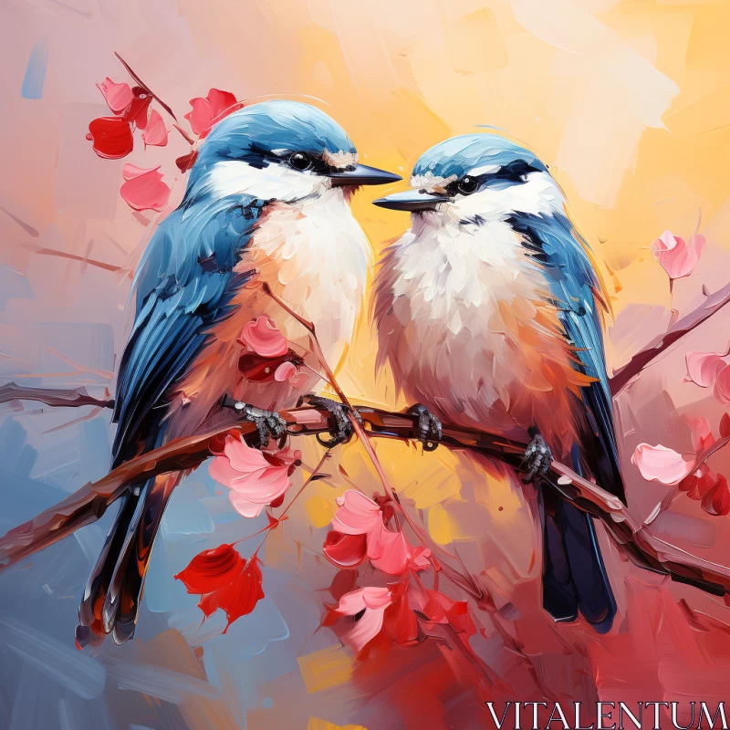 Breathtaking Image of Two Birds Perched on a Branch with Vibrant Plumage in Oil Painting Style AI Image