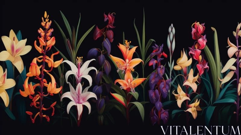 Colorful Flowers on Black Background: A Botanical Illusion AI Image