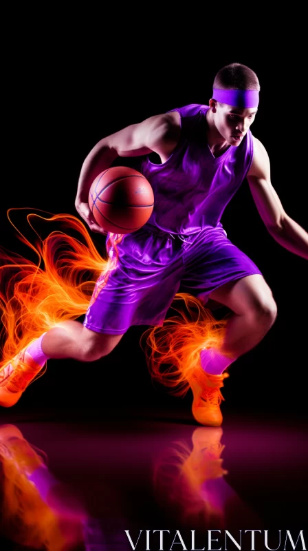 Dynamic Basketball Player in Ultraviolet Light with Surreal Flame Effects AI Image