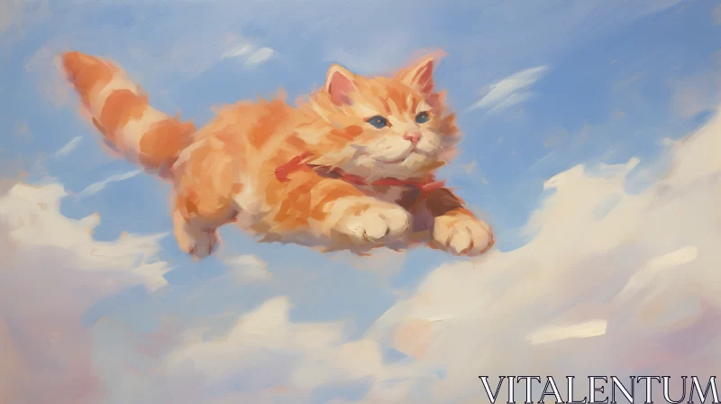 Impressionist Orange Kitten Flying in Cloudy Sky AI Image