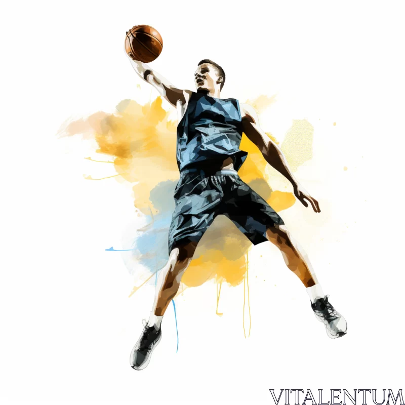 Mid-Air Basketball Player in Watercolor & Digital Airbrush Art AI Image