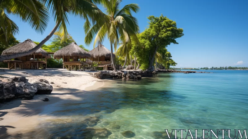 Serene Beach Scene with Palm Trees and Thatched Huts AI Image