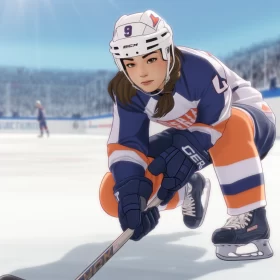 Anime-style Female Ice Hockey Player in Dreamy Orange-Indigo Blend AI Image