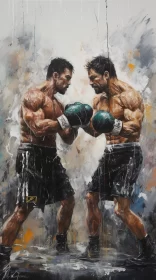 Realistic Boxing Match Painting in Emerald and Black Palette AI Image