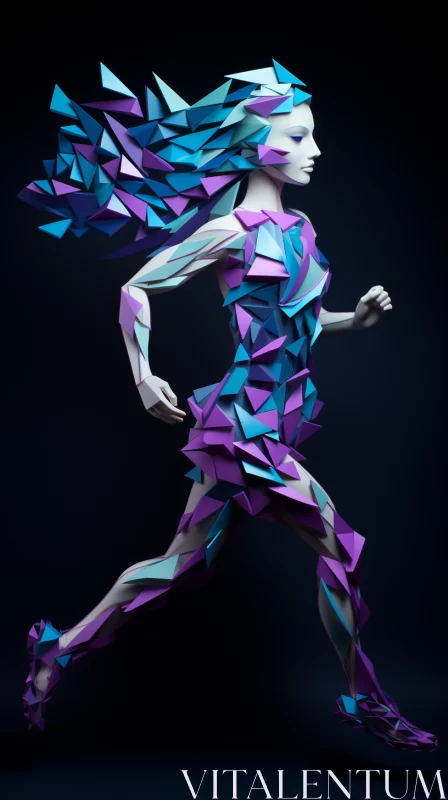 3D Polygonal Female Figure Running in Violet, Indigo & Aquamarine Hues AI Image