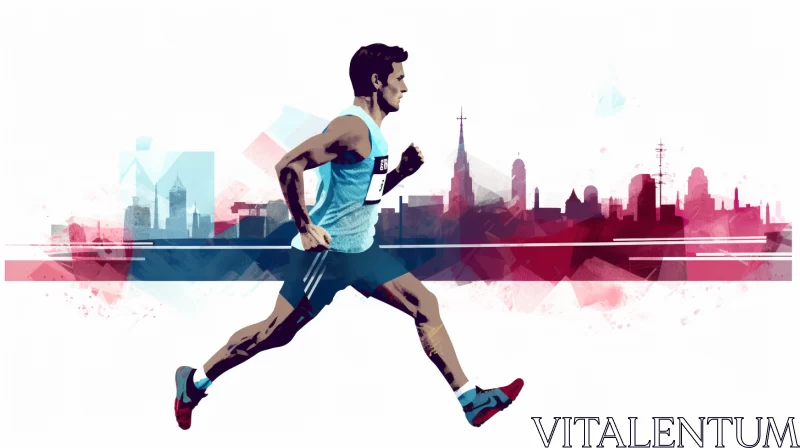 Athletic Man Jogging against Enhanced City Skyline AI Image