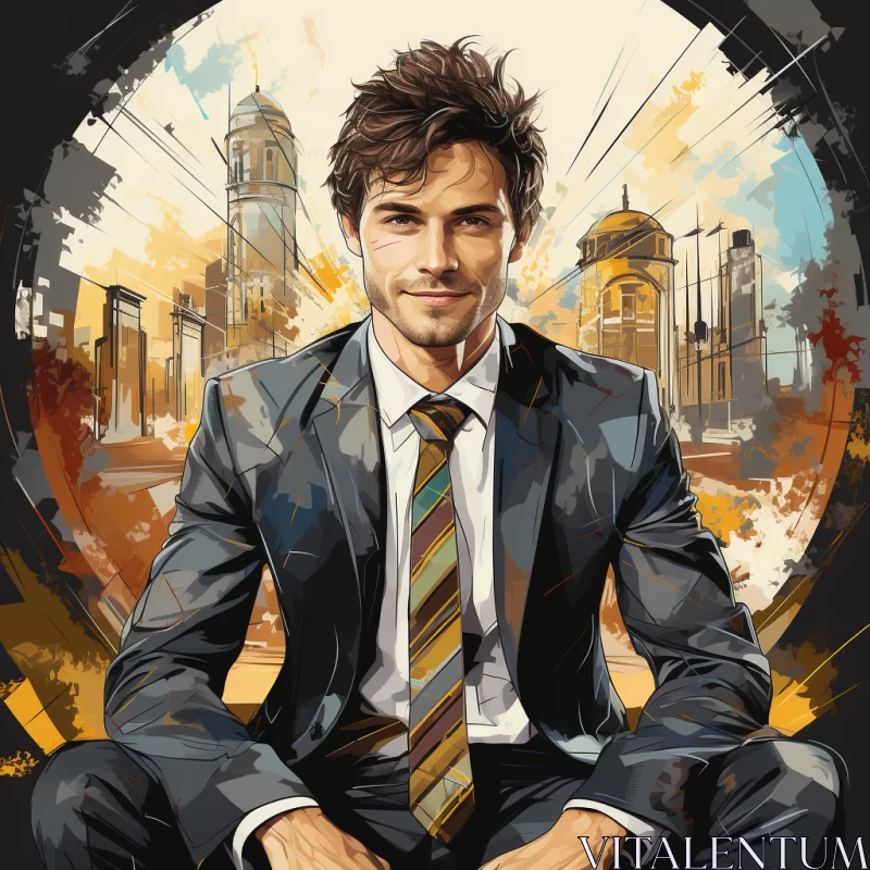 AI ART Charismatic Caricature of Businessman with Architectural Cityscape Backdrop