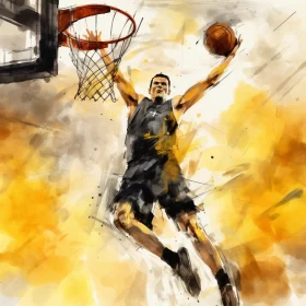 Dynamic Watercolor-Style Basketball Player Mid-Dunk Image AI Image