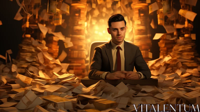 Mysterious Businessman Amidst Paperwork in Golden Light AI Image