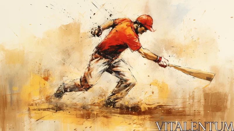 Dynamic Baseball Player Painting with Warm Tones & Whimsical Birds AI Image
