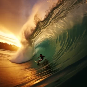 Golden Sunset Surfer Riding Crest Wave Dramatic Light Shadow Play Photobashing Technique Intense Swi AI Image